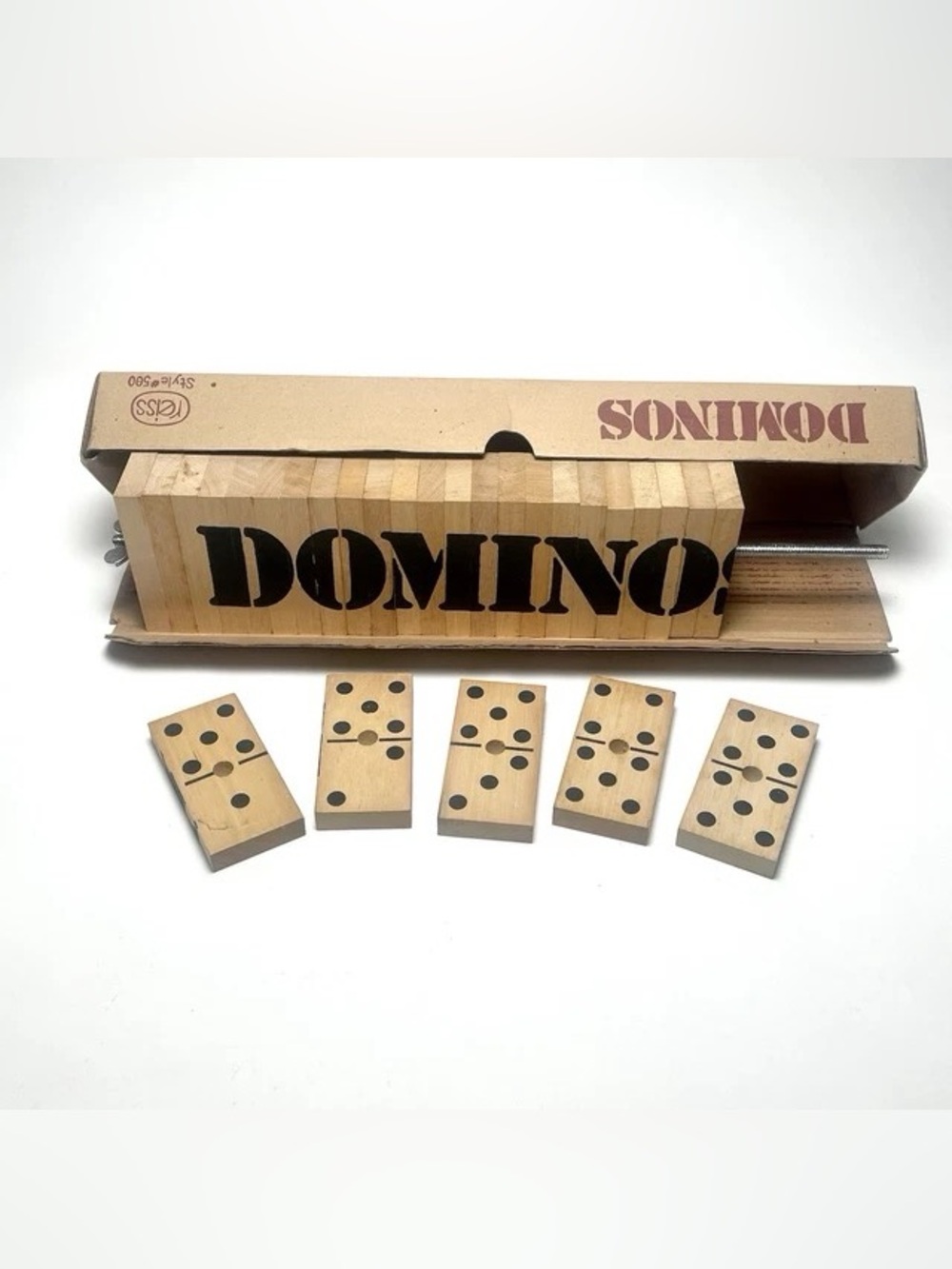 Vintage Reiss Wooden Jumbo Dominoes Game Set Unique 4” x 2”Pieces Metal Rod
